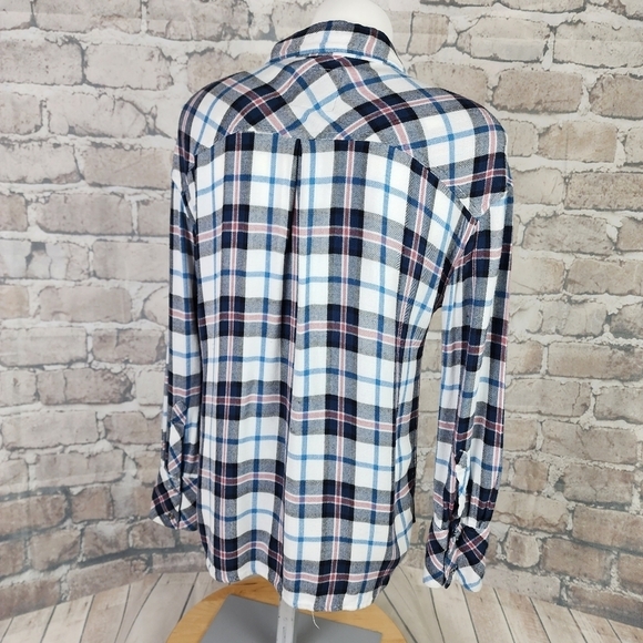 Rails x Free People Button  Front Plaid Shirt Rayon White Blues Pink Size XS - Picture 12 of 16
